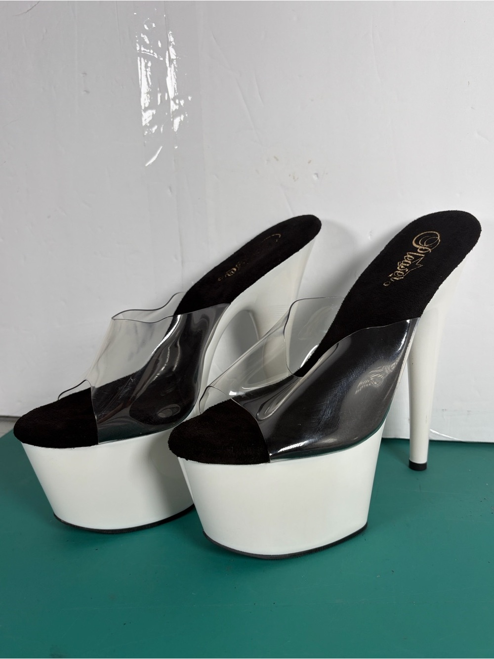 Pleaser Flamingo-801UV Clear White UV Reactive Platform Mule Heels Women’s